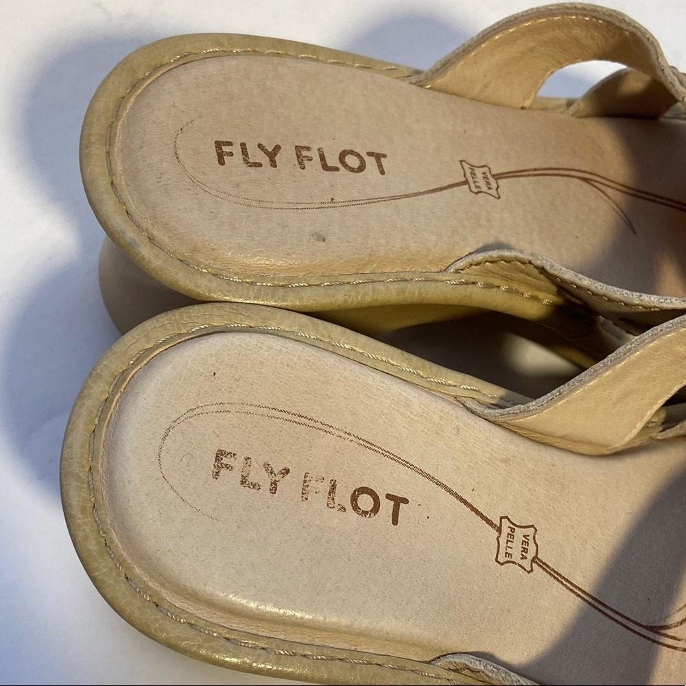 Fly Flot Wedge Sandals Womens 37 Beige Leather Metallic Whipstitch Mule Slip-on - Picture 3 of 10